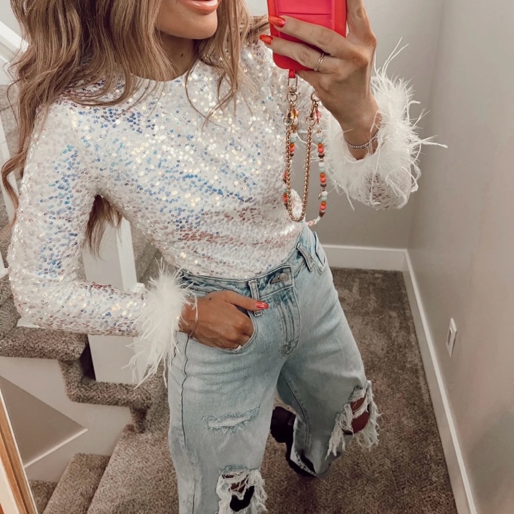 La’Ros Sequin Fur White Iridescent Long Sleeve Bodysuit Top Medium